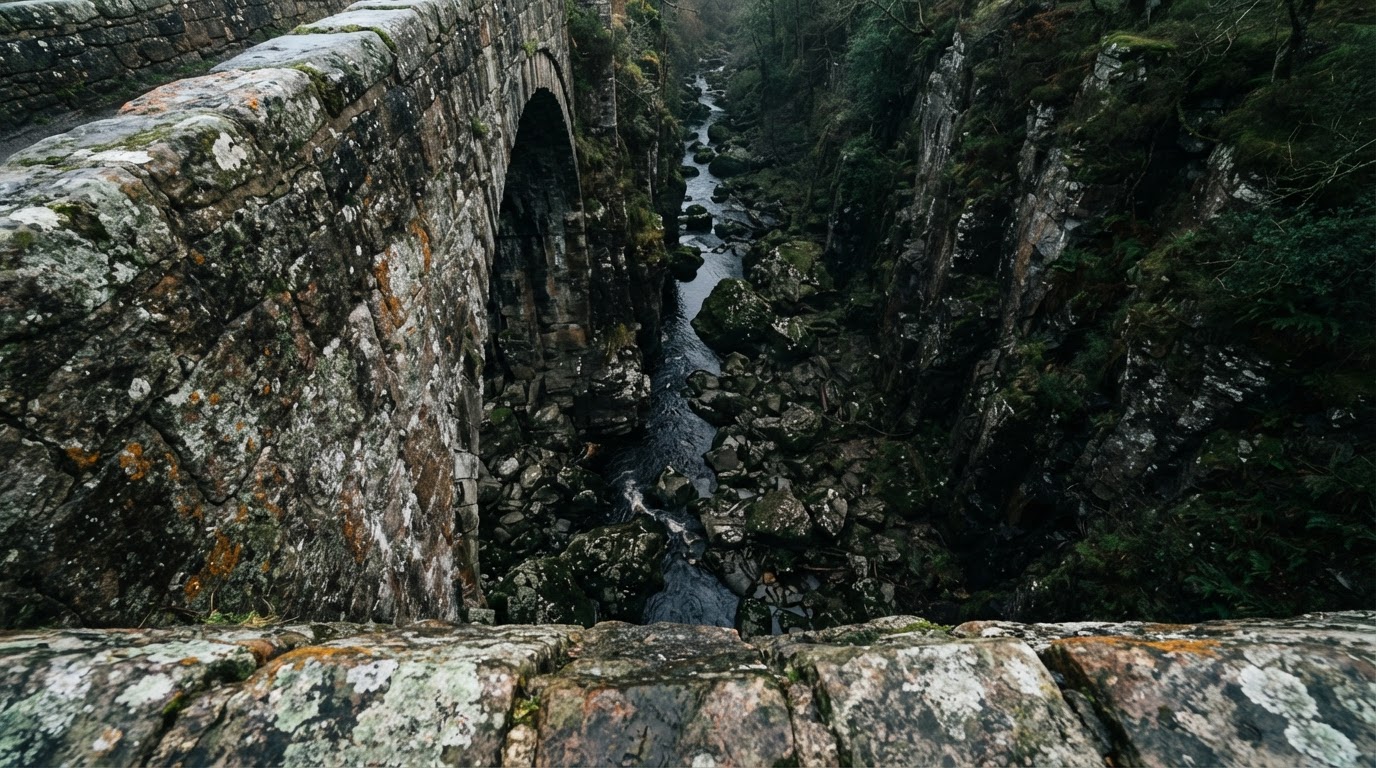 A view over the low stone parapet down into a narrow rocky gorge with a dark stream far below