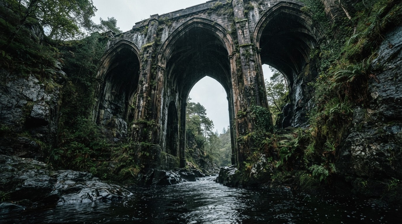 The mossy underside of an old stone bridge, three gothic arches seen from the gorge below