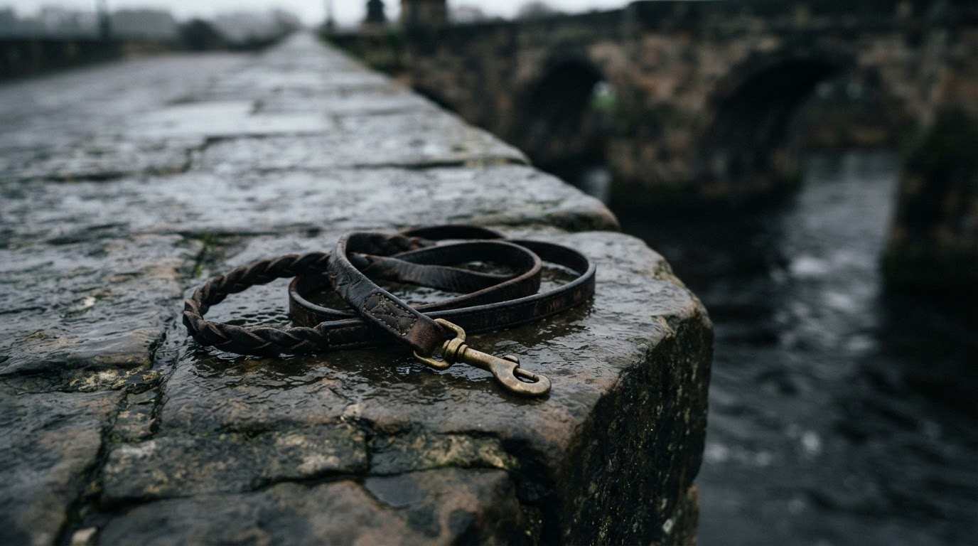 A single dog's leash lying coiled on wet dark stone at the edge of a bridge
