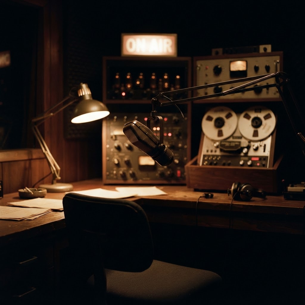A vintage radio studio microphone under a warm lamp in a dim broadcast booth, no people, 1960s mood