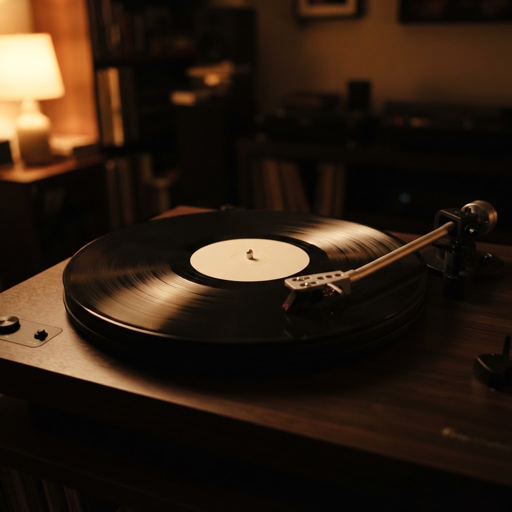 A vintage vinyl record spinning on a turntable in a dim room, needle in the groove, warm lamplight, no people