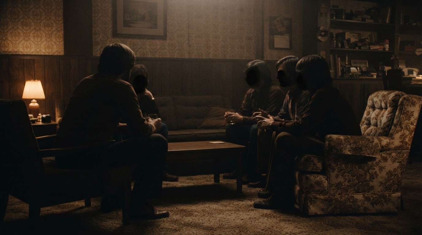 Silhouettes of several people seated in a 1970s living room in earnest conversation, faces not visible