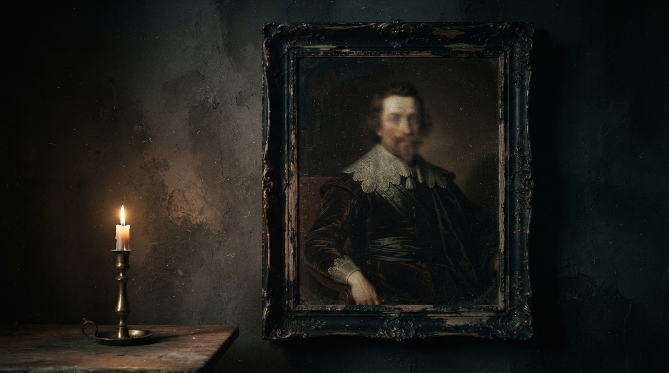 An old framed portrait of a seventeenth-century aristocratic man in a worn frame, the face blurred and indistinct, candlelight