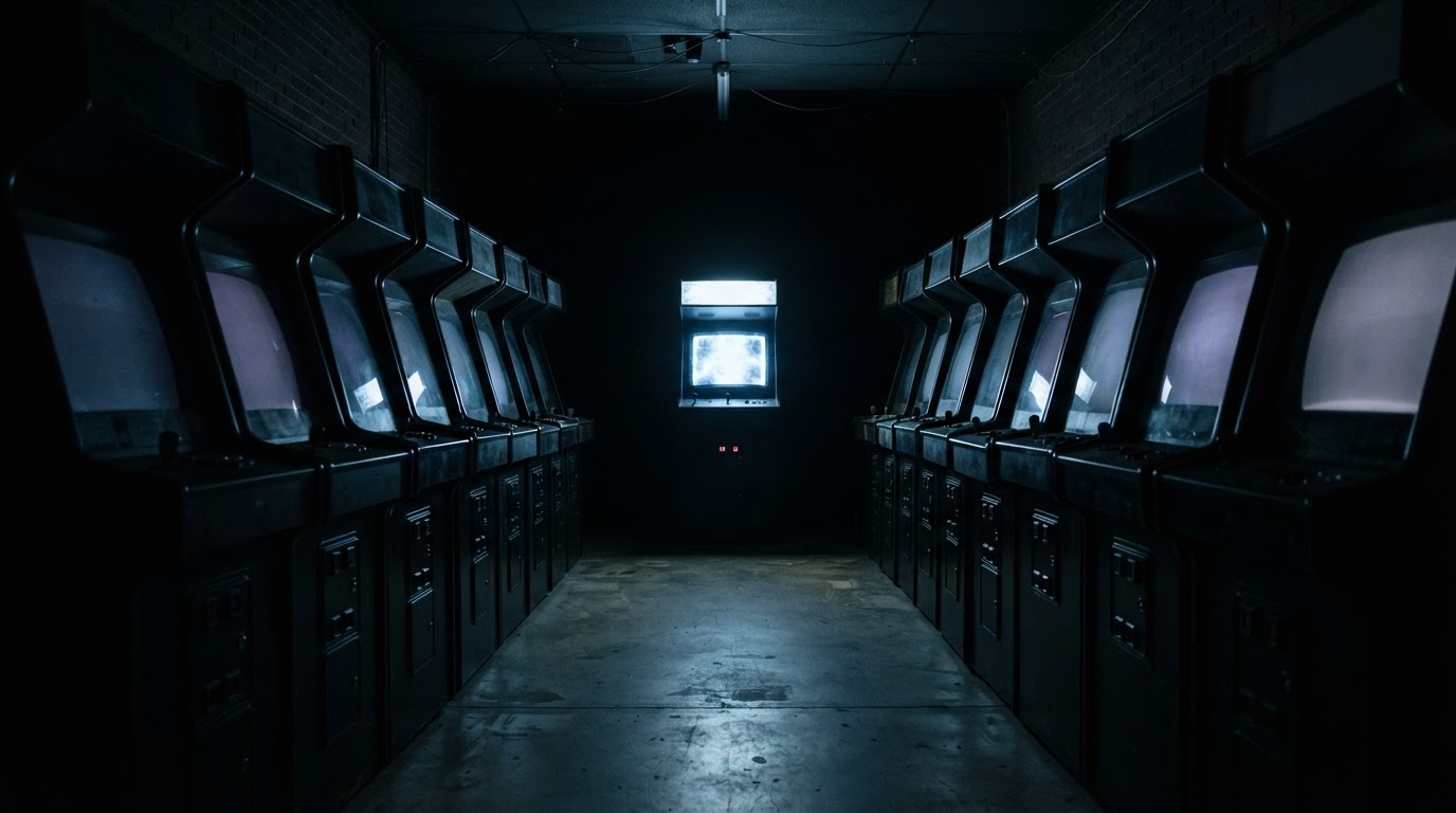 A dark 1980s arcade at night, rows of cabinets lit by their screens, one black cabinet glowing coldly at the far end