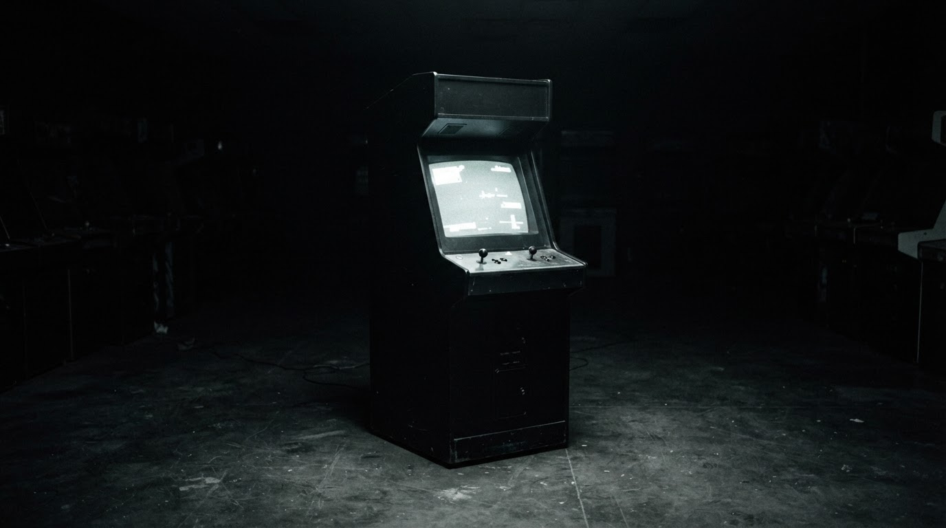 A single black arcade cabinet standing alone in shadow, its screen throwing a cold glow onto the floor, no visible logos or text