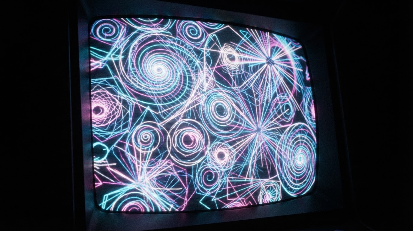 An abstract swirl of glowing vector-like lines and geometric shapes on a dark screen, hypnotic, no readable text or numbers