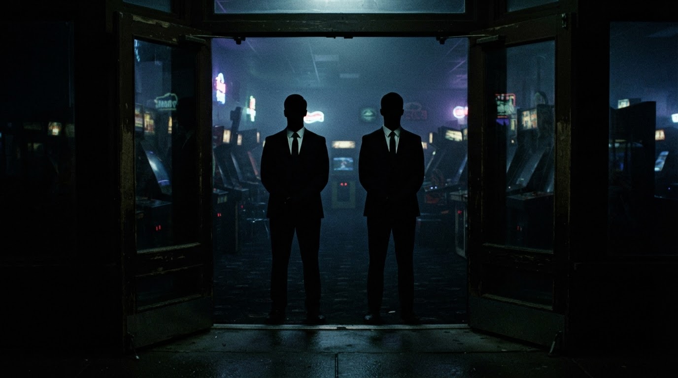 Two dark-suited figures seen in silhouette standing at the doorway of an arcade at night, backlit, faces not visible