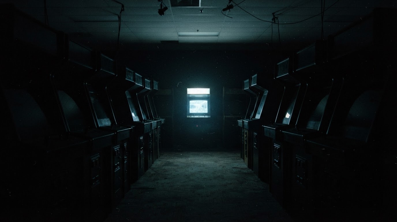An empty arcade at night, cabinets dark and silent, a single machine at the far end still faintly glowing, no people