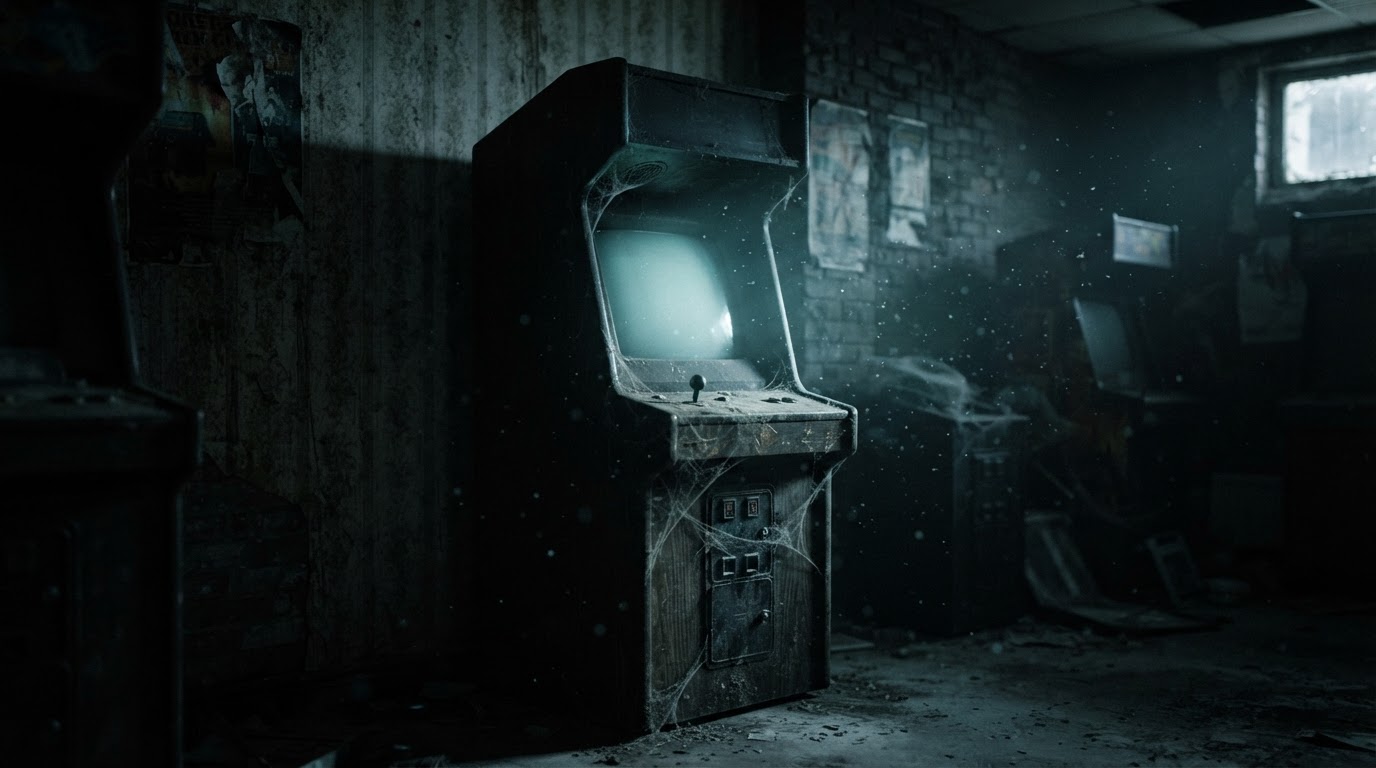 A dusty, empty corner of an old arcade, one unmarked dark cabinet shrouded in shadow, cold light from an unseen screen, no text