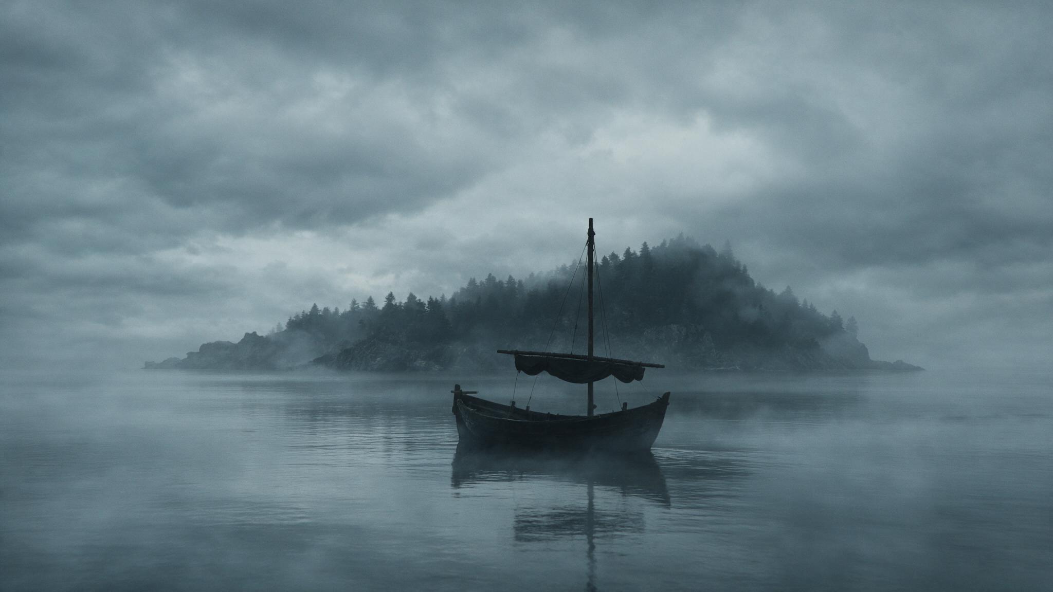 The silhouette of an old wooden boat crossing a still lagoon toward a remote island under an overcast sky, sea mist over grey water, an ominous and lonely mood, no visible faces (mood recreation, not real footage)