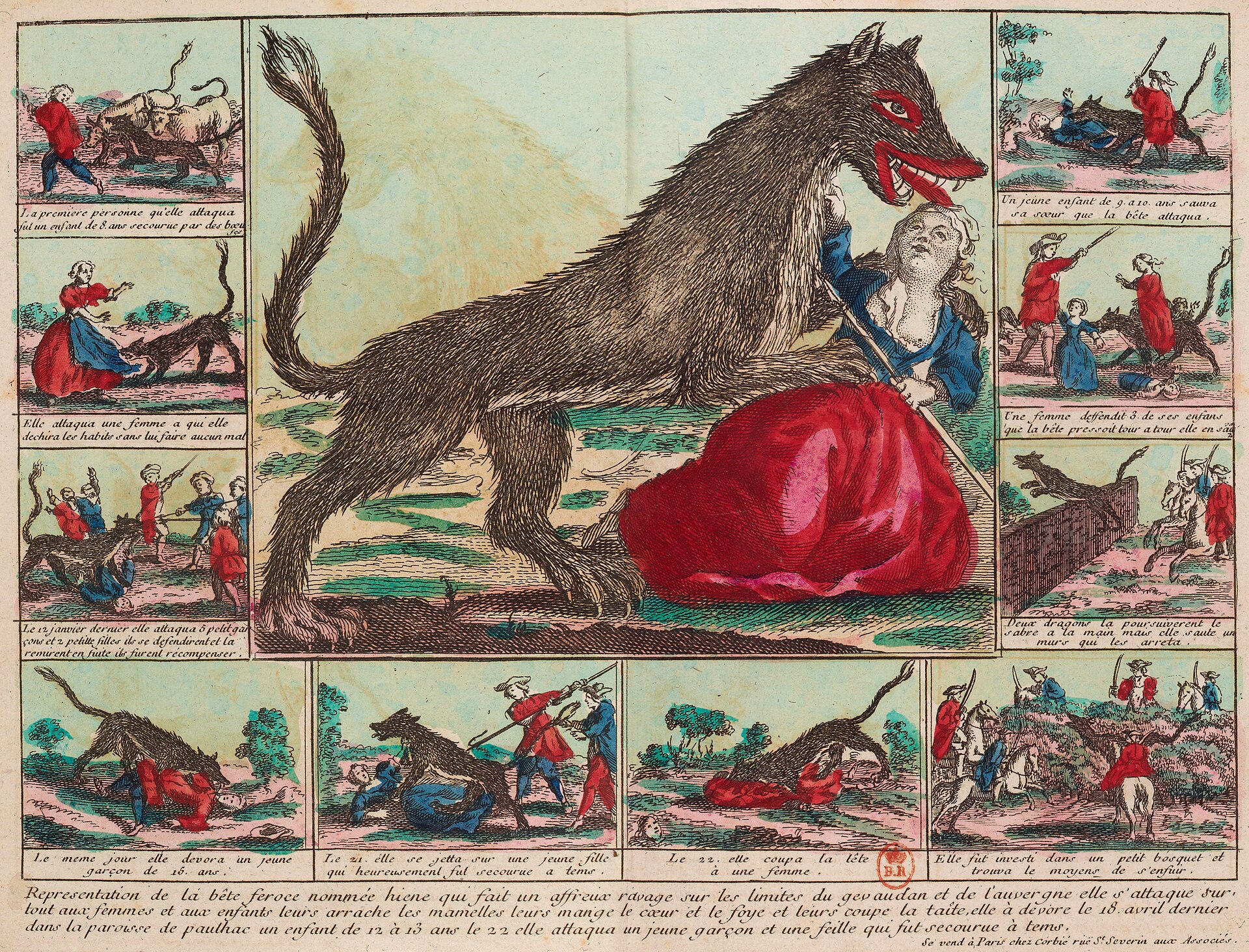 A hand-coloured broadside of the Beast of Gévaudan printed in Paris in 1765 — the creature drawn large at the centre, with twelve scenes of its attacks arranged around it.