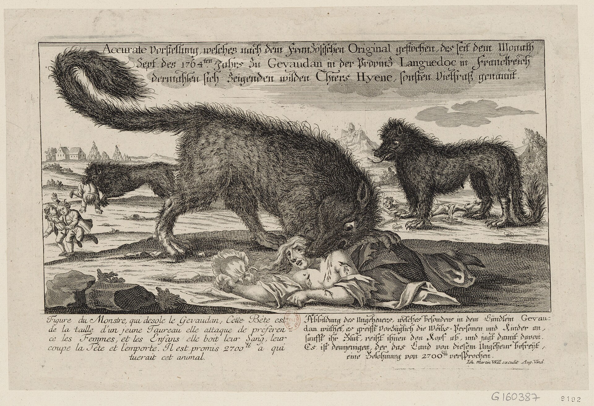 A copperplate engraving of the Beast printed in Augsburg, Germany, in 1764 — captioned in both French and German, and noting the reward of 2,700 livres.