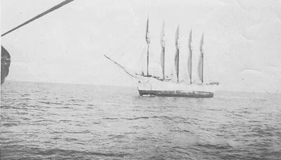 The Deering photographed from the Cape Lookout lightship on 28 January 1921, under full sail, three days before she ran aground: the last known picture of her