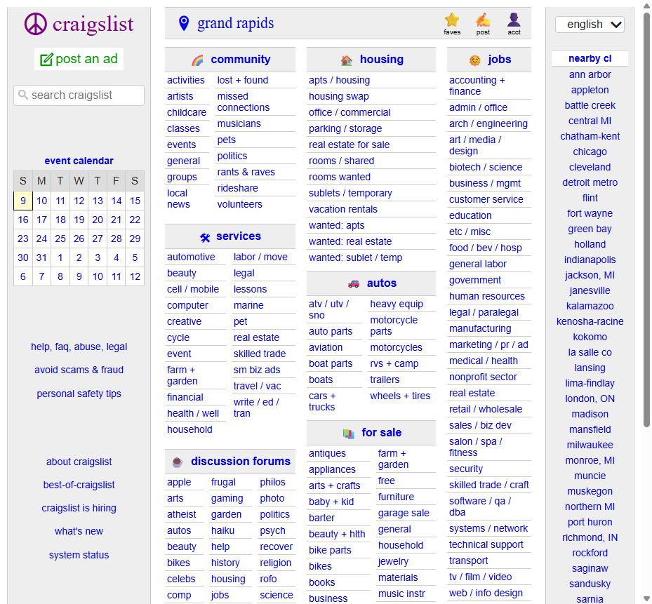 A classifieds site whose design hadn't changed in over twenty years — just rows of blue links on a bare screen.