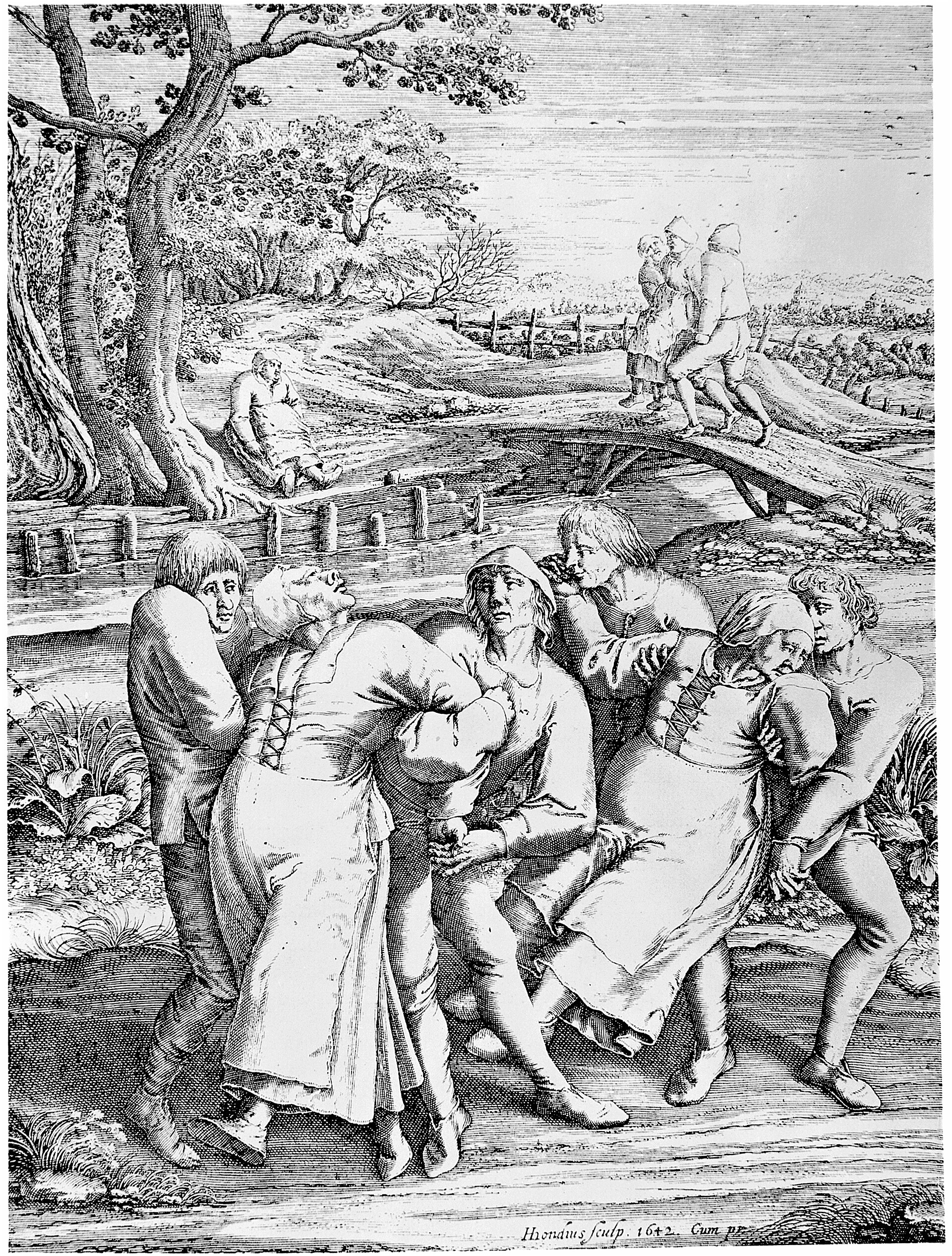 An engraving by Hendrik Hondius (1642) after Pieter Bruegel the Elder — women seized by dancing mania being held and led away by bystanders