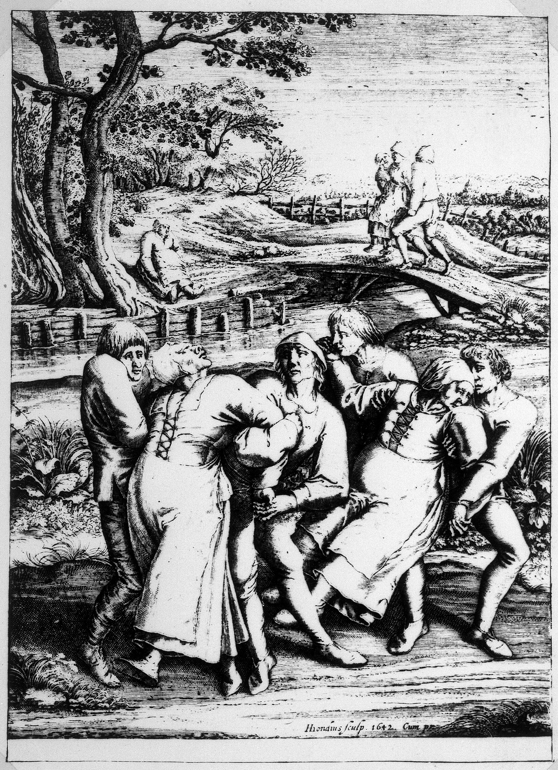 A second period engraving of the dancing mania — again and again, sufferers whose feet will not stop are shown propped up and restrained on either side