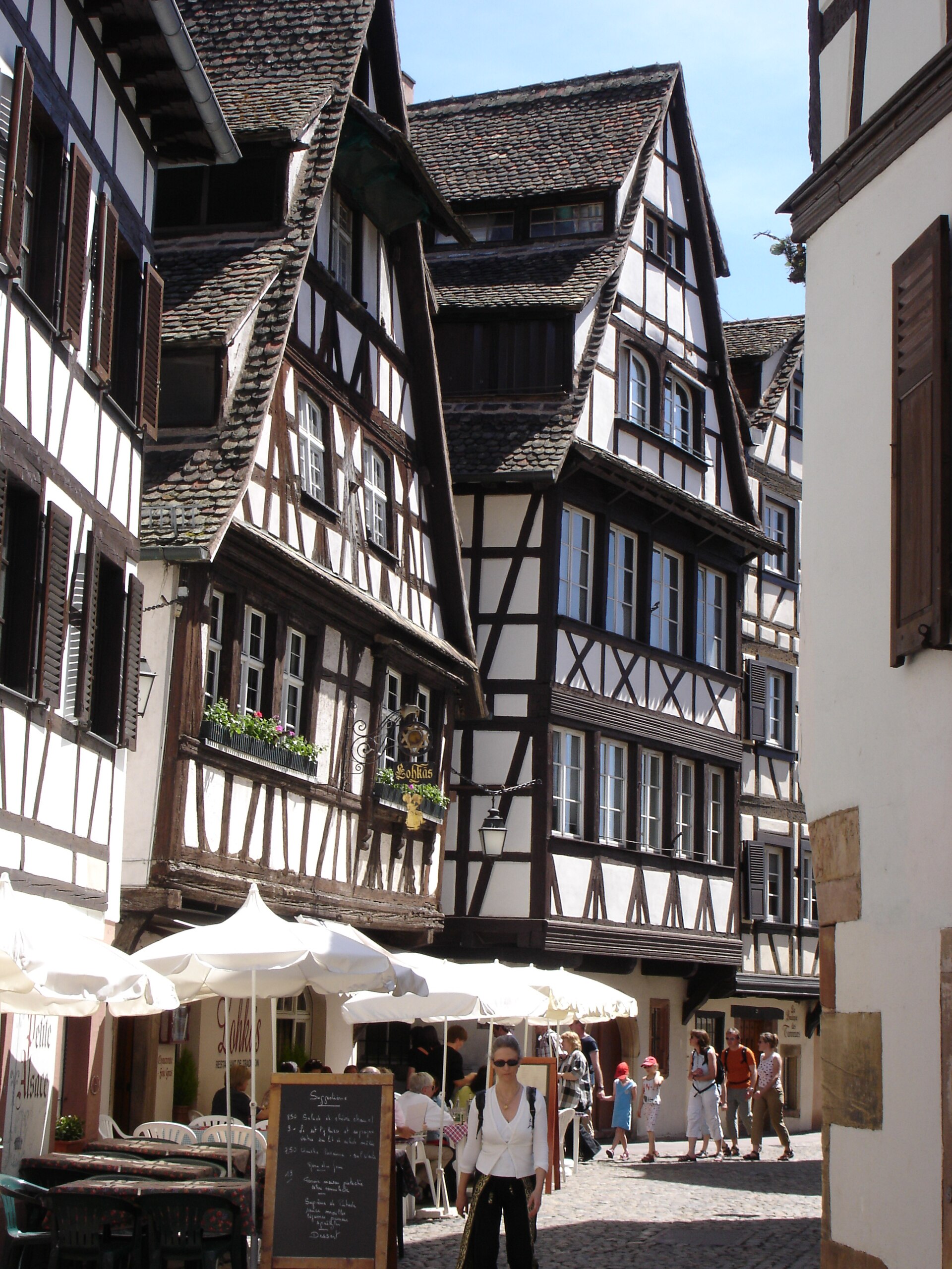 Half-timbered houses in the old town of Strasbourg as they stand today — the district that still holds the narrow lanes where Frau Troffea began to dance