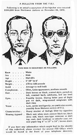 The FBI wanted bulletin — two composite sketches alongside the description: 5 ft 10 in to 6 ft, dark suit, white shirt, black tie