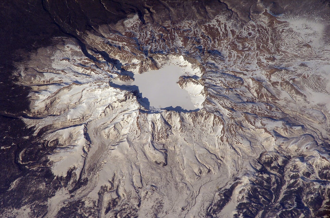 A satellite view of Paektu / Changbai Mountain and its crater. (NASA / Public domain)