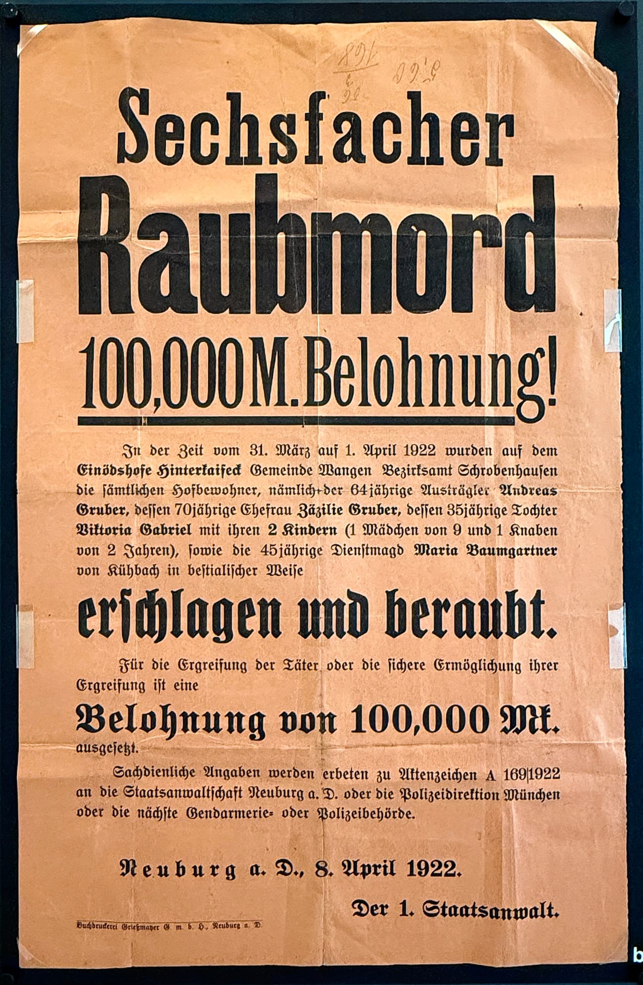 The reward poster of 100,000 marks offered for information on the Hinterkaifeck killer. (Burkhard Mücke / CC BY-SA 4.0)