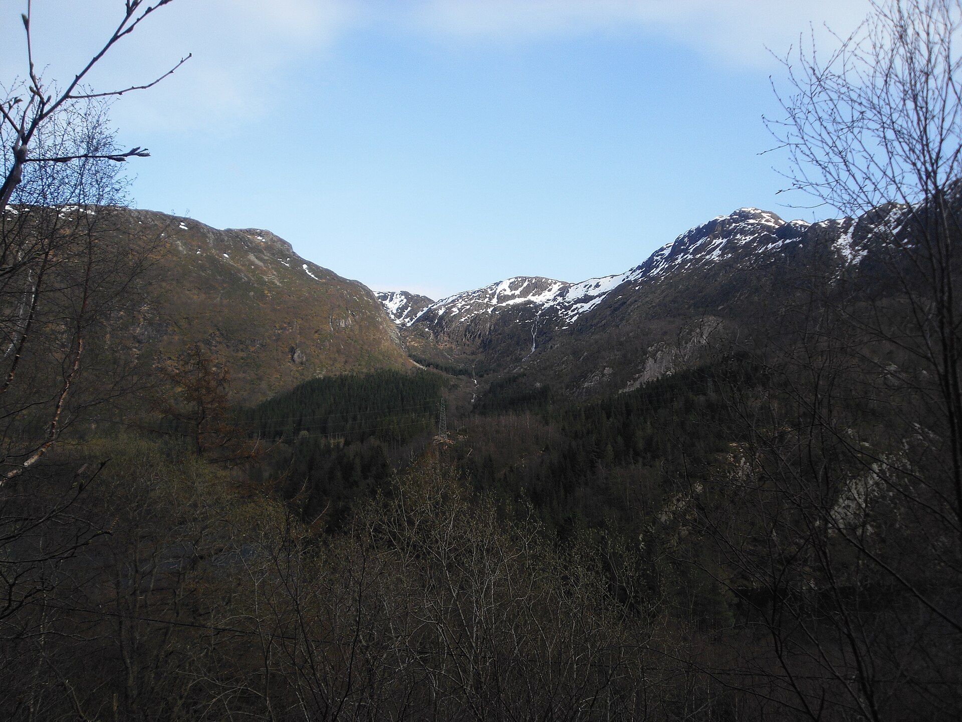 The Isdalen valley where the body was found, photographed on site — snow-covered ridges and conifer forest