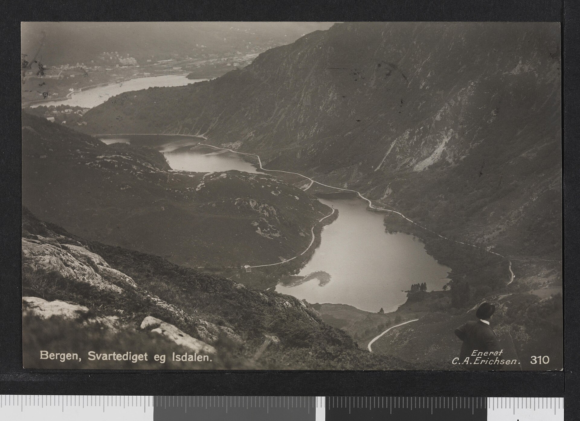 An old aerial postcard of Svartediket and Isdalen near Bergen, showing the terrain of the whole valley