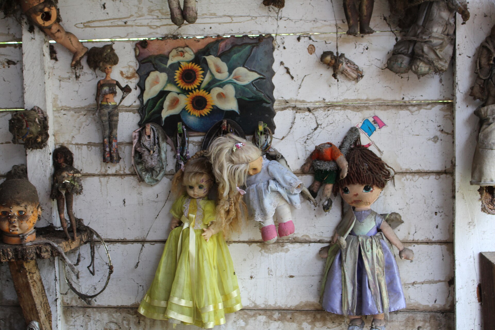 Clusters of dolls hanging densely from the branches of a tree on the island