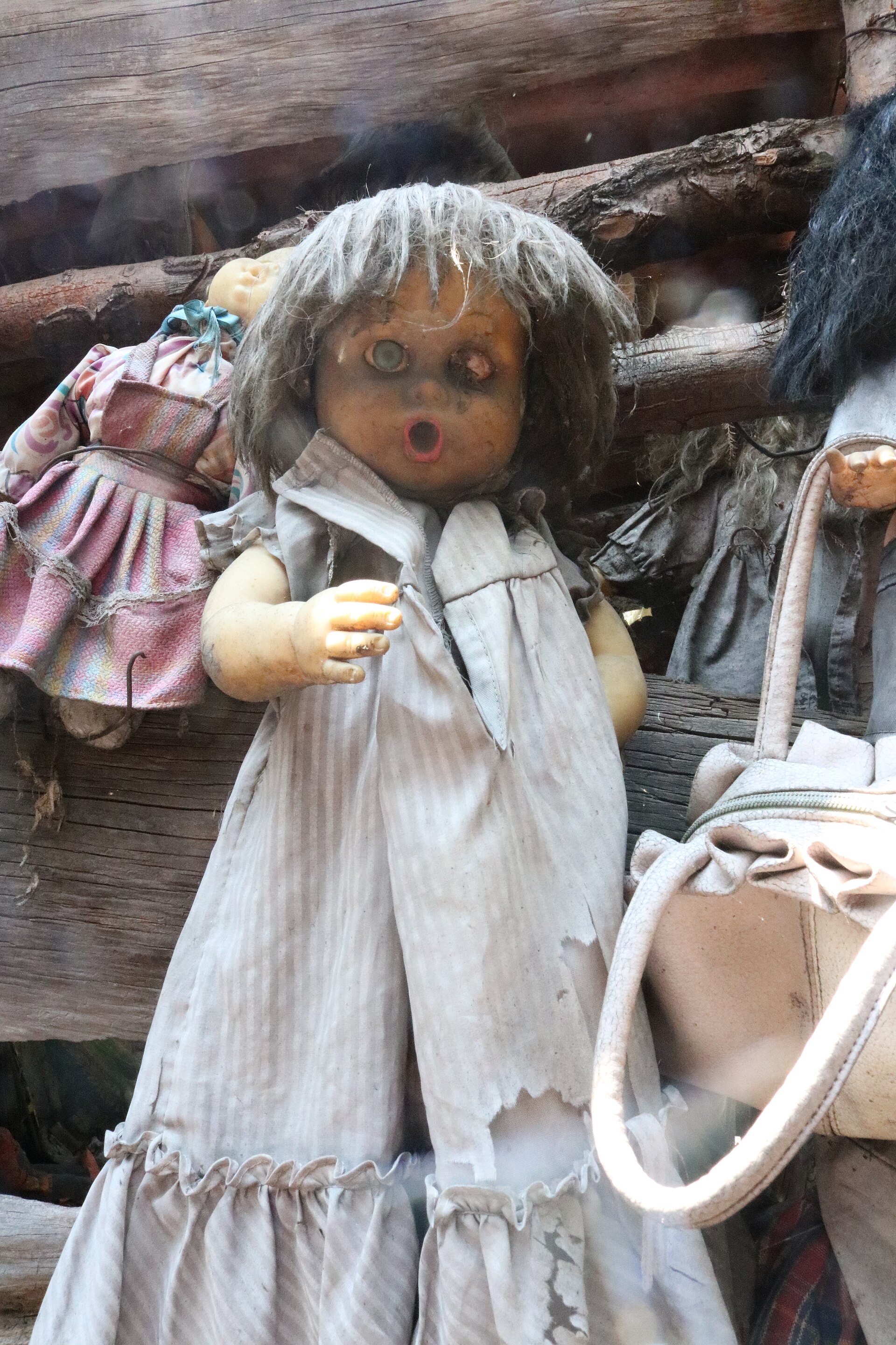 A close-up of a doll on the island whose face has rotted away over the years