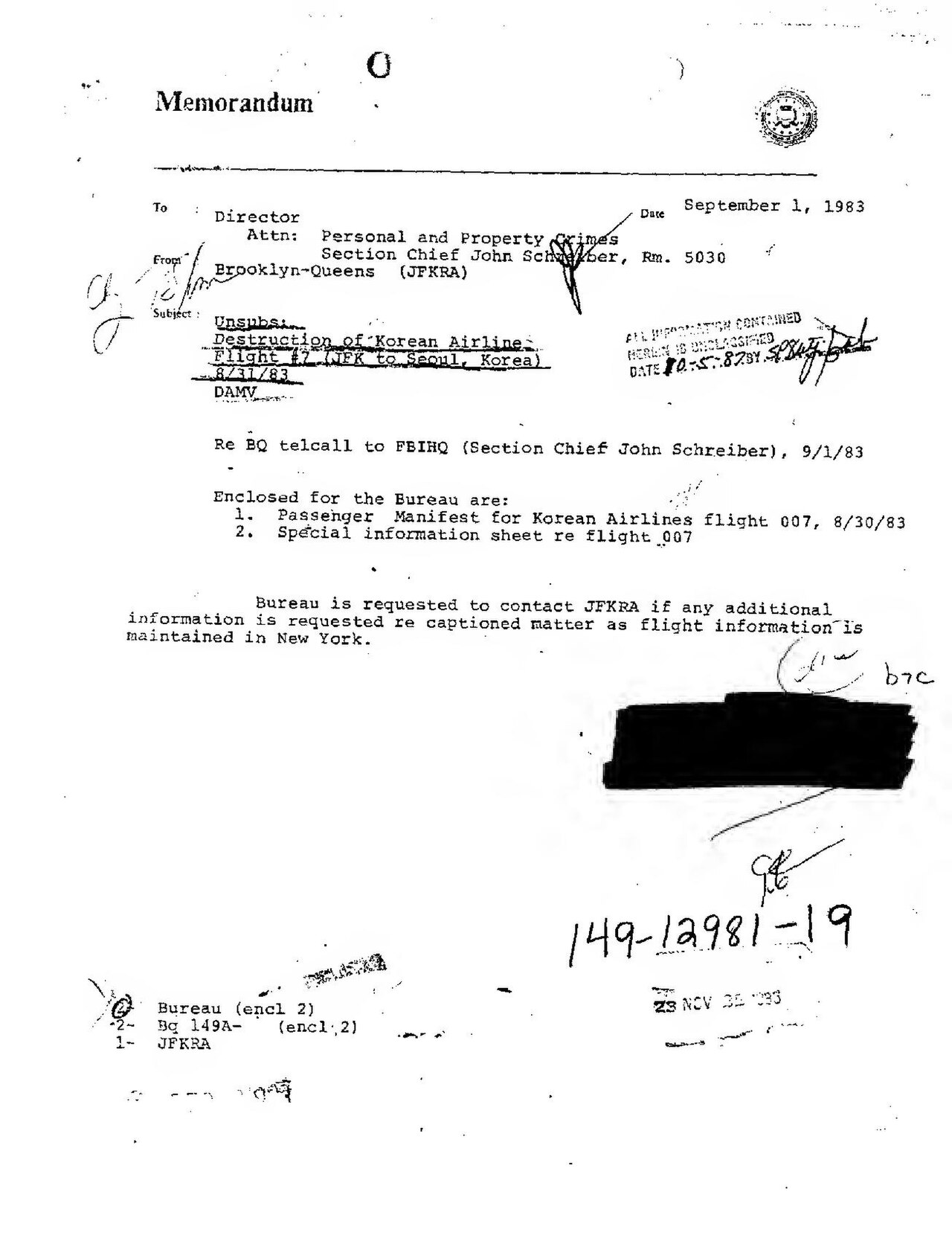 A declassified FBI memorandum dated 1 September 1983, enclosing the KAL 007 passenger manifest