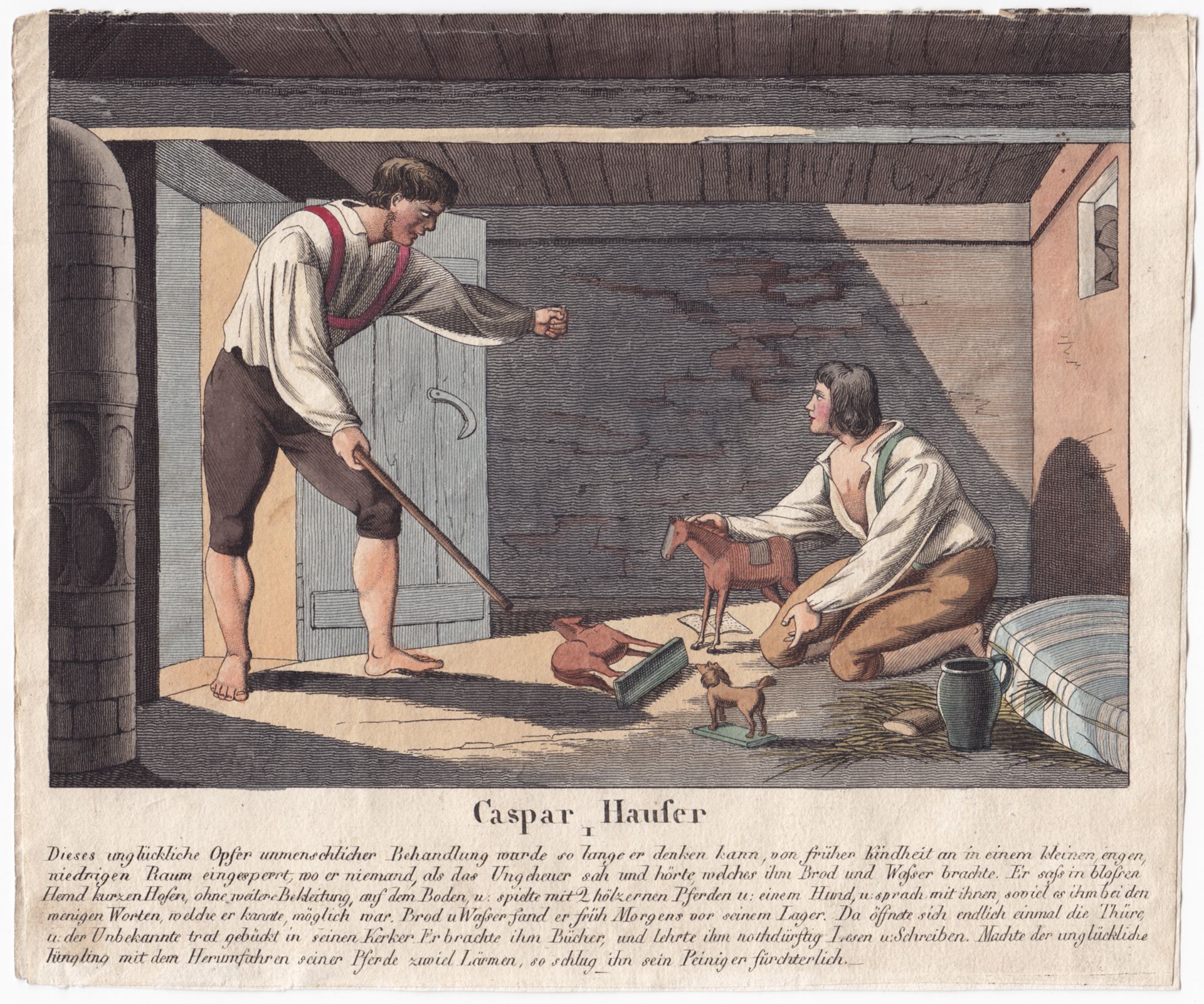 A contemporary engraving depicting his confinement in an underground cell