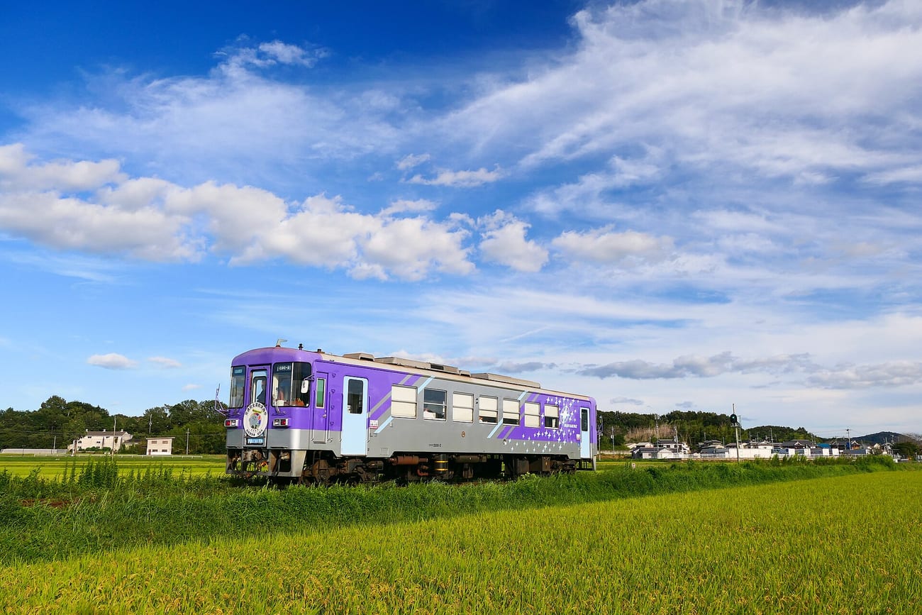 A one-car train on a quiet countryside railway. (Hojo Railway Line, illustrative. MaedaAkihiko / CC BY-SA 4.0)