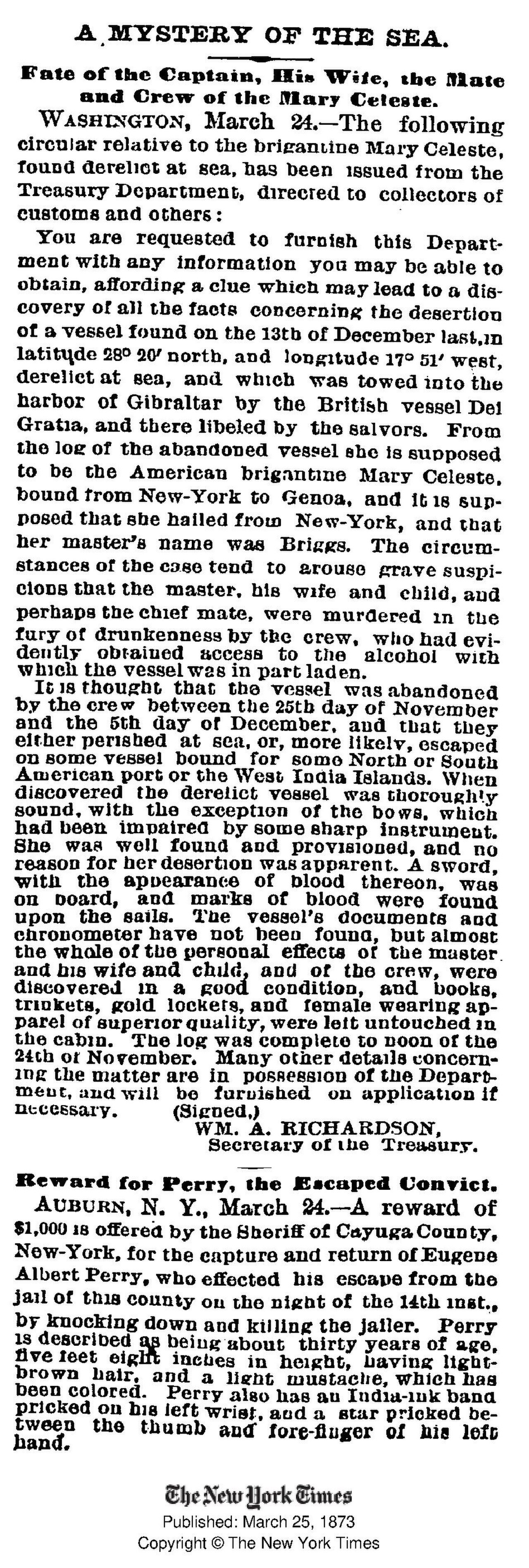 "A Mystery of the Sea" in *The New York Times* of 25 March 1873, reprinting the circular the US Treasury Department sent out to customs collectors. The suspicion of the day — that the captain, his wife and child and the chief mate had been murdered by a drunken crew — is preserved here in print. (Public domain)