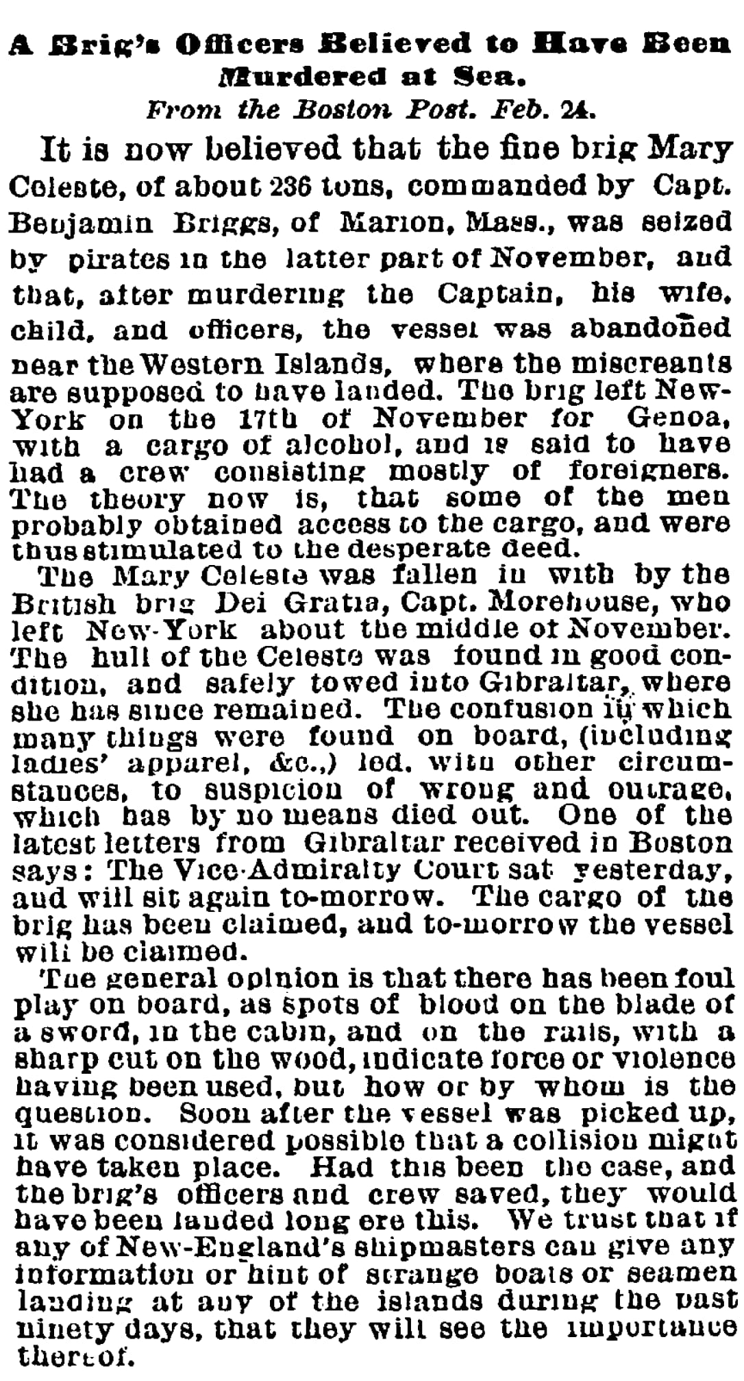 Period newspaper coverage of the Mary Celeste affair, 1873. (Public domain)