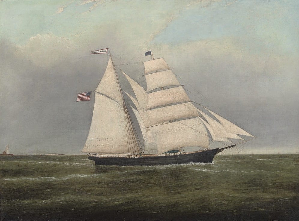 An American brigantine off the coast of Maine, 1866 — a working merchant ship of the era. (Clement Drew / Public domain)
