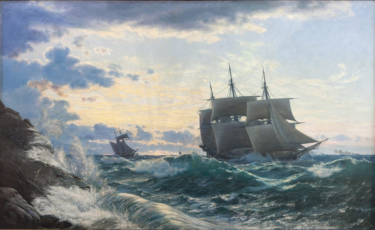 "Ships clearing the coast the morning after a storm" (Carl Rasmussen, 1878) — the kind of Atlantic weather blamed in some theories. (Public domain)