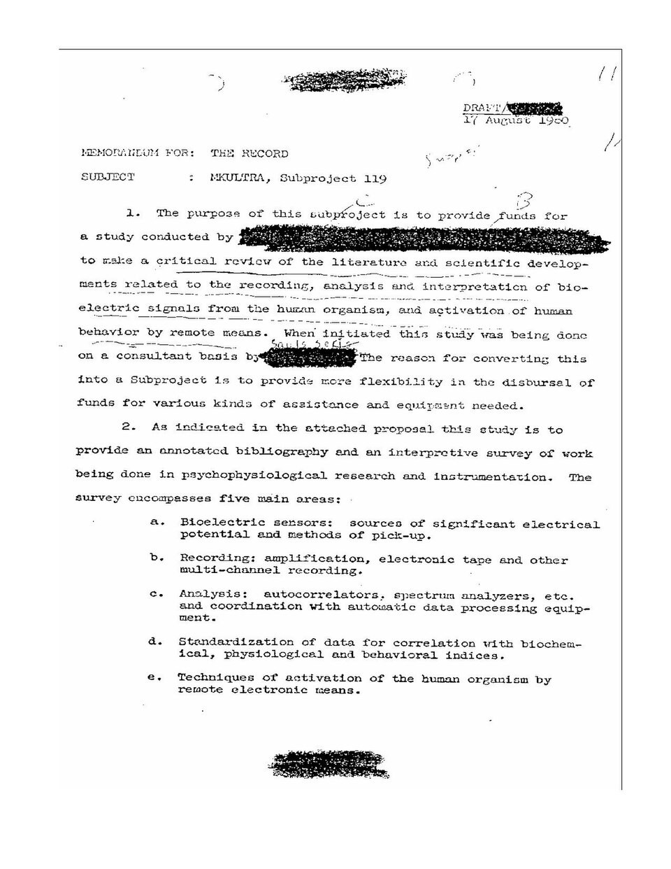 The declassified MKULTRA Subproject 119 memorandum (17 August 1960) — it lists the recording and interpretation of bioelectric signals from the human organism and "activation of human behavior by remote means" among its research areas, with the researcher's name blacked out. (US Central Intelligence Agency / Public domain)