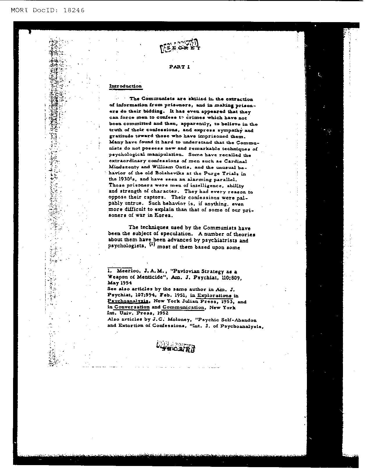 The opening page of a declassified CIA "SECRET" document — its analysis of Communist confession-extraction and psychological manipulation preserves, in the agency's own words, the Cold War fear that produced MKUltra. (US Central Intelligence Agency / Public domain)