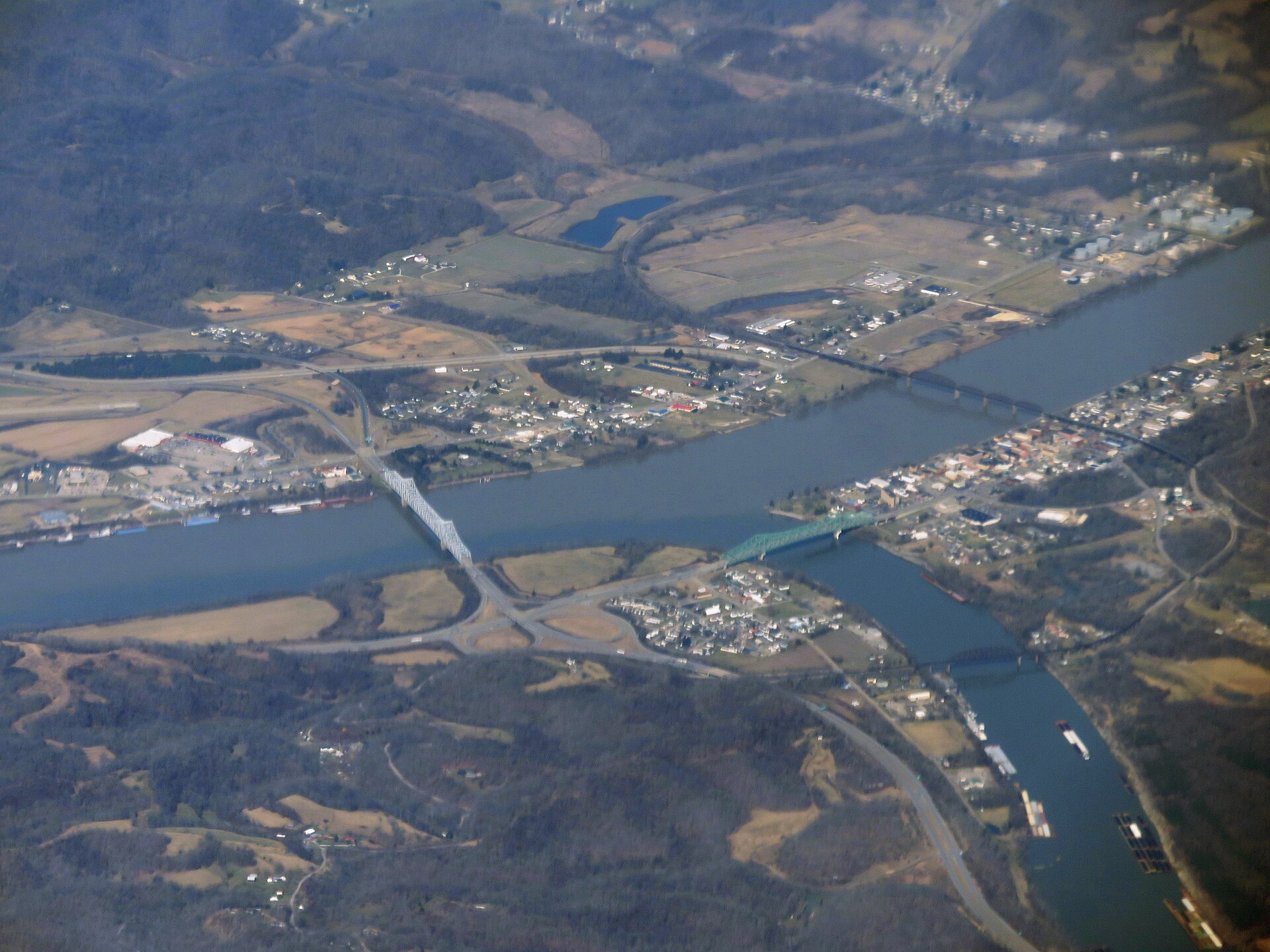 An aerial view of the Silver Memorial Bridge and the Point Pleasant railroad bridge spanning the Ohio River, near the site where the Silver Bridge collapsed in 1967