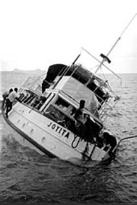The Joyita as found adrift in November 1955, her hull listing to port