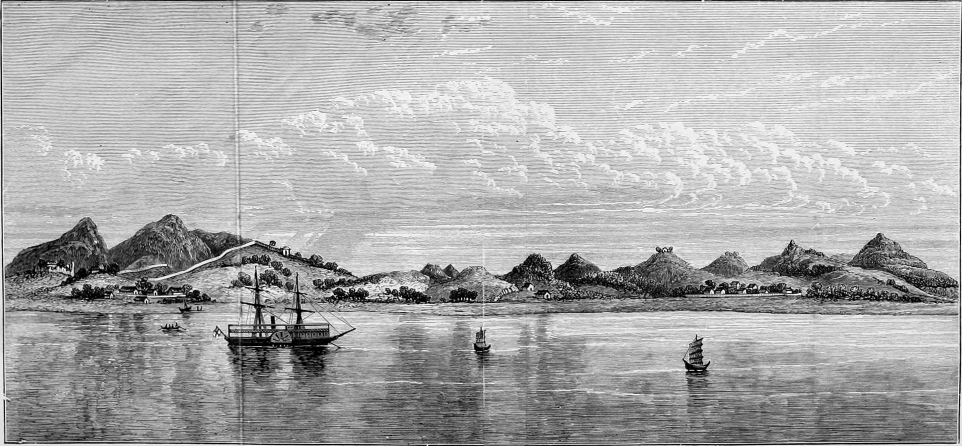 A steamer off the Korean coast, from the frontispiece of Oppert's book "A Forbidden Land: Voyages to the Corea" (1880) — the kind of vessel that carried the raiding party
