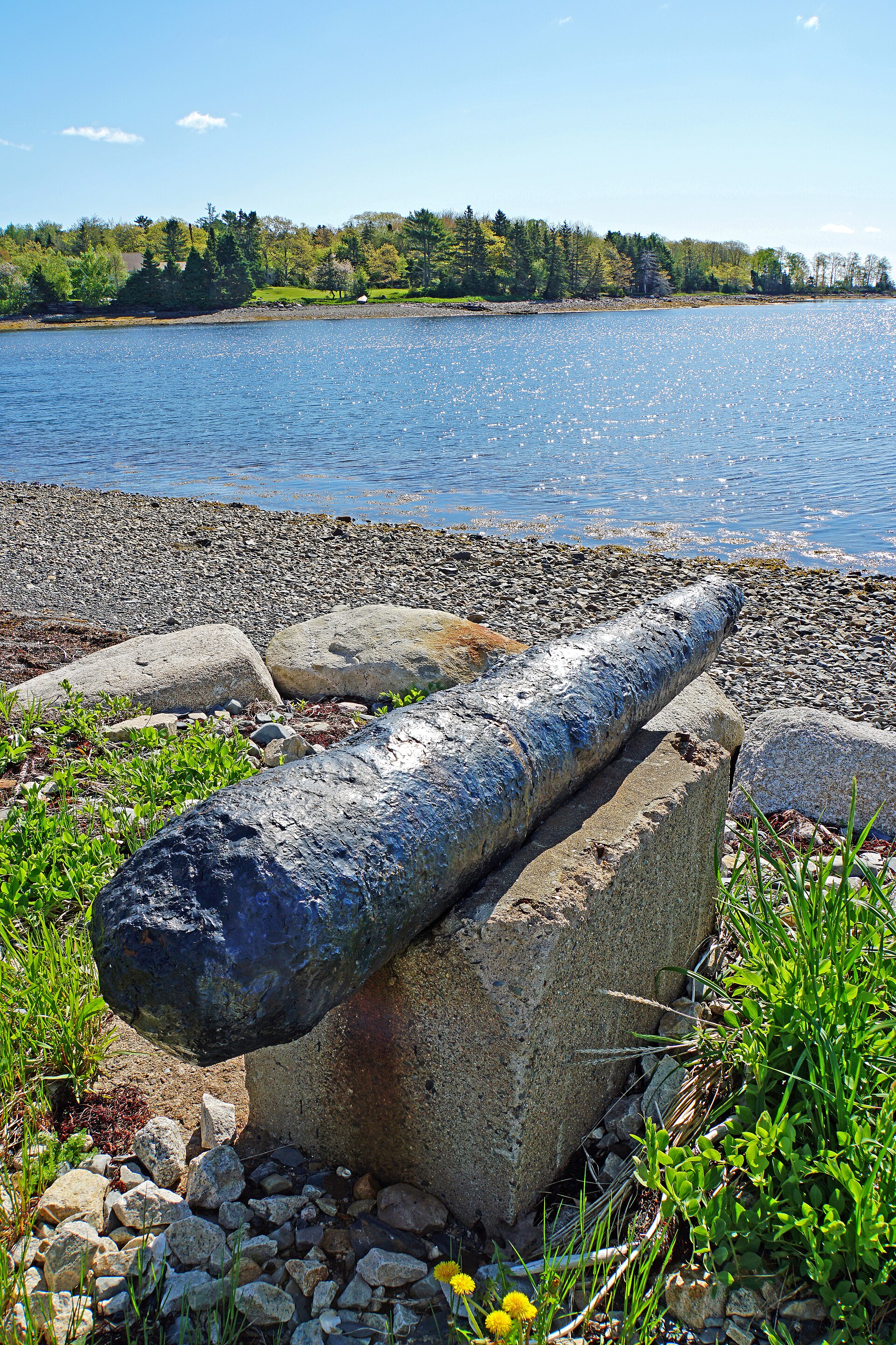 The Oak Island shoreline, a cannon barrel lying on the beach — a present-day colour photograph