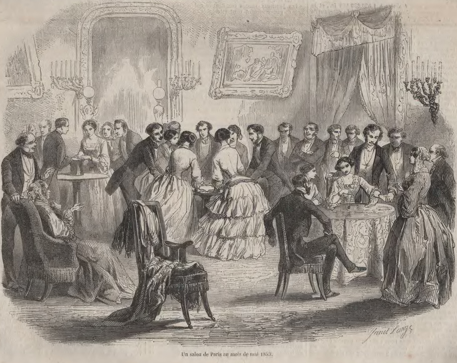 A contemporary 1853 engraving of a table-turning séance — the original form of the technique the Philip group used
