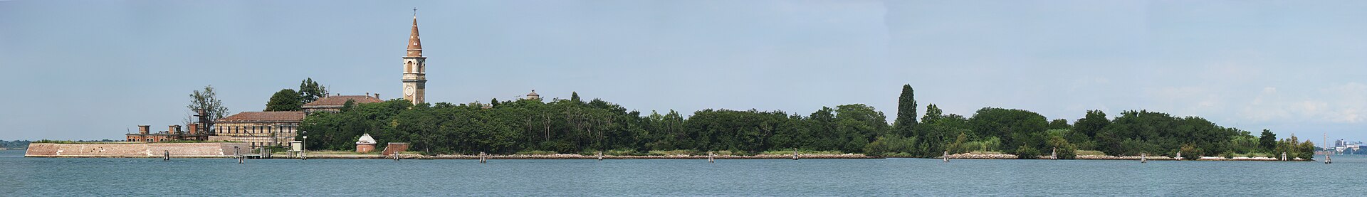A panoramic photograph of Poveglia as seen from the Lido — the bell tower of the story stands at the right