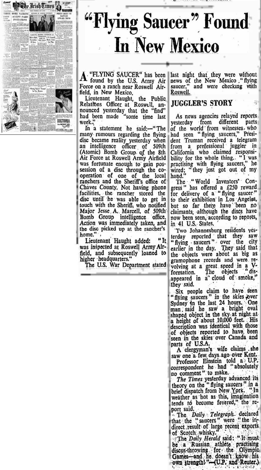 海外紙まで報じた ― 1947年7月9日付アイリッシュ・タイムズの「空飛ぶ円盤」記事。 (Irish Times, 1947 / CC0)