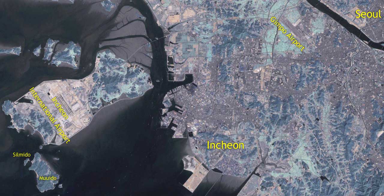A satellite map showing how Silmido, Muuido, Incheon and Seoul lie in relation to one another (NASA World Wind)