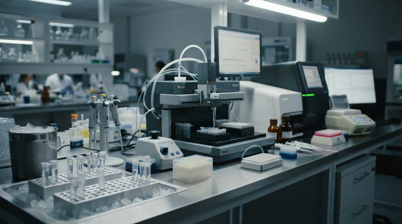 Precision equipment and sample tubes in a modern DNA analysis laboratory