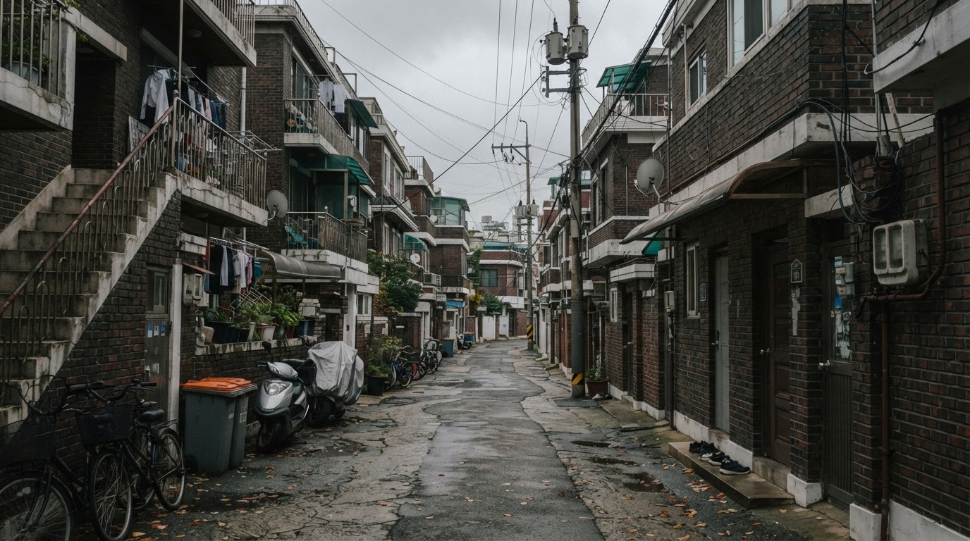 Old multi-family houses and semi-basement windows in 2000s Seoul