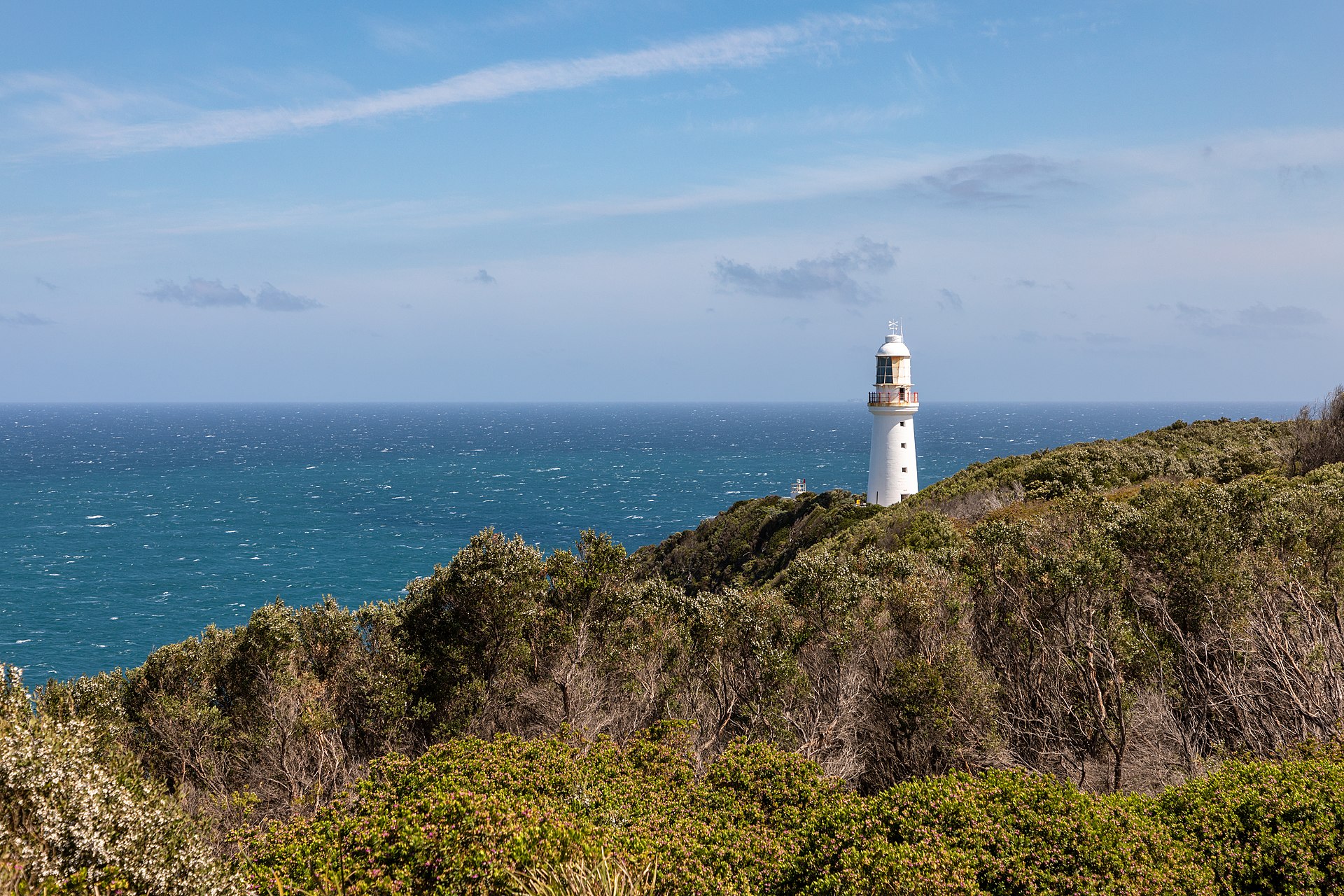 Cape Otway Lighthouse looking out over Bass Strait — the area near the route Valentich flew, photographed today