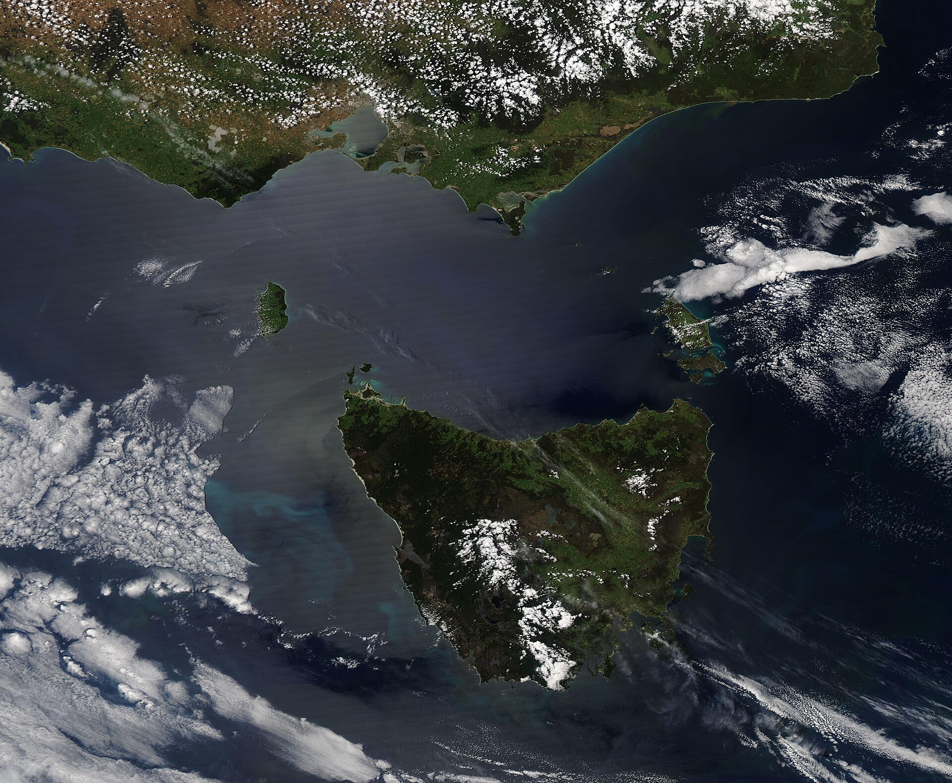 Bass Strait seen from orbit — the aircraft vanished over this stretch of water between southern Victoria and Tasmania, with King Island in the middle