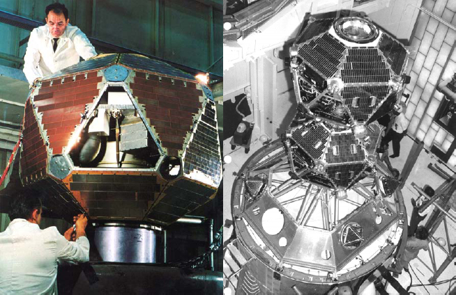 The twin Vela 5A and 5B satellites during assembly — the very machines the United States put into orbit to watch for atmospheric nuclear tests